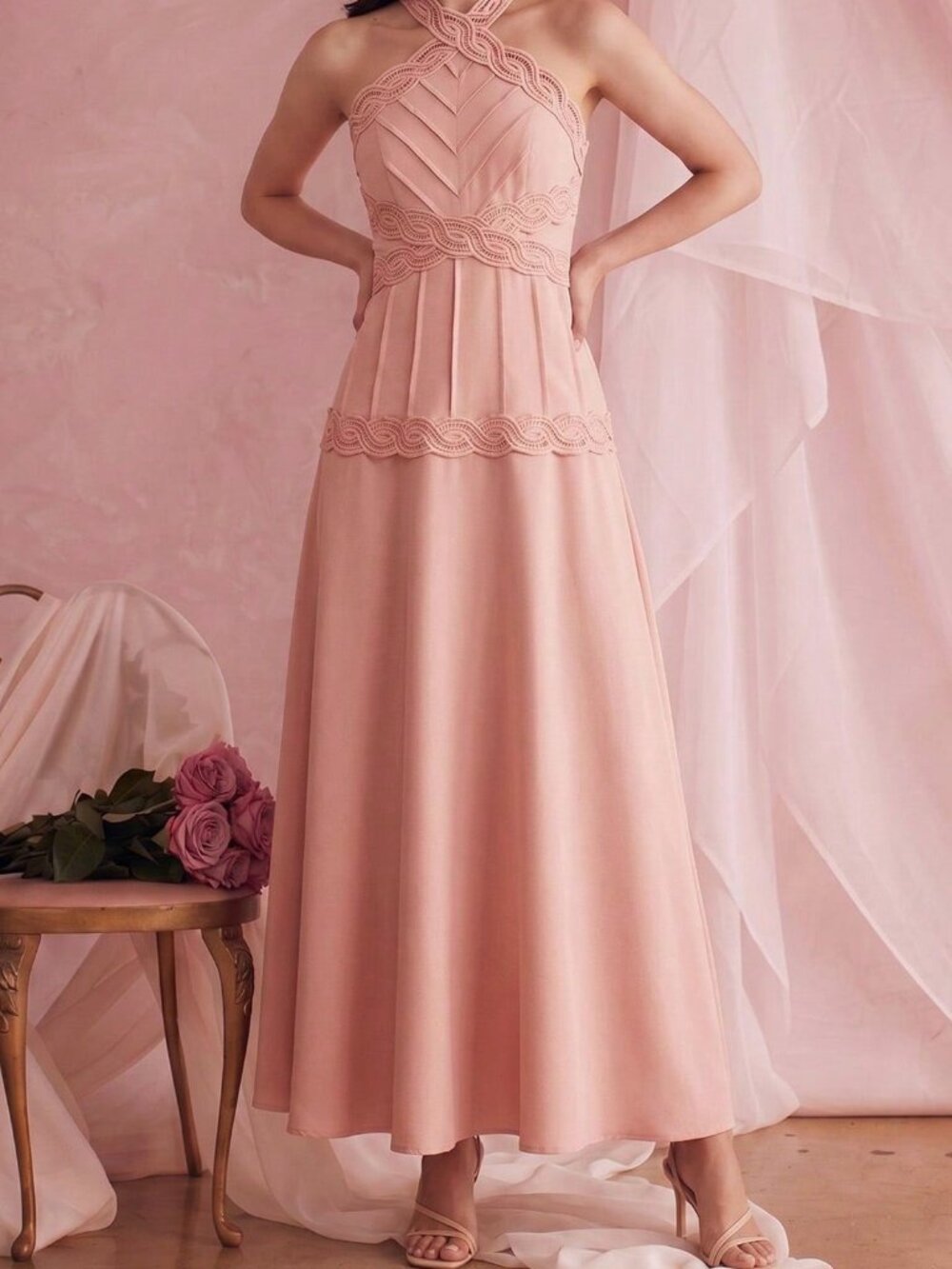 Dusty Pink Elegant Women's Halter Neck Lace Trim Patchwork Long Dress - Picture 6 of 7